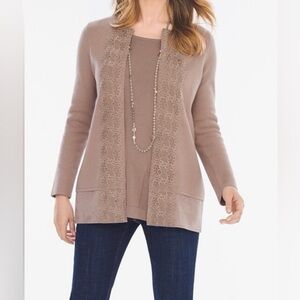 Chico's Beige Cardigan with Intricate Lace SZ 1 M open front. New